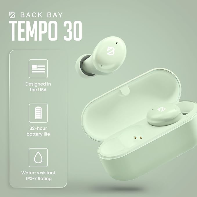 Back Bay Audio Tempo 30 Wireless Earbuds for Small Ears - Award-Winning Sound, Sweatproof Bluetooth Earbuds, Tech Fitness Gifts for Men, Comfortable Bluetooth Ear Buds for Women - Mint Green