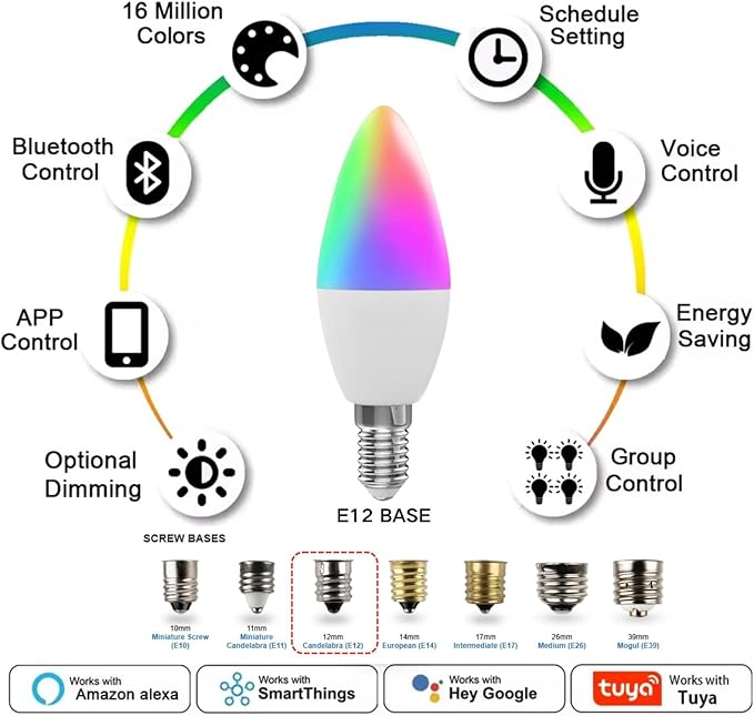 Candelabra Smart Light Bulbs 60W Equivalent, 450LM 5W LED Bulb Compatible with Alexa/Google Home, RGBCW 16 Million Color Changing Light Candle Bulb, No Hub Required, 2.4G (E12) (4)