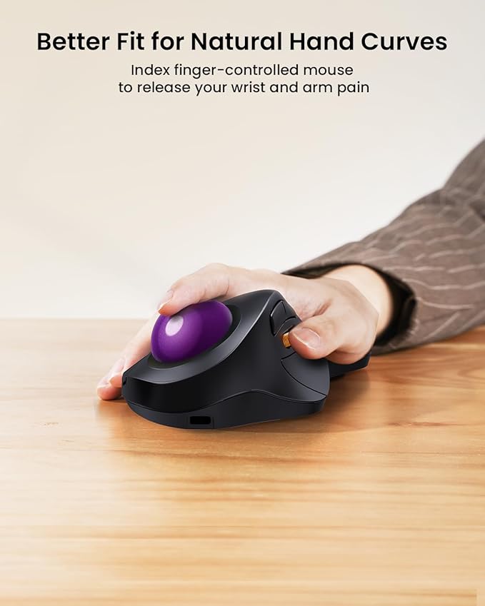 ProtoArc Wireless Bluetooth Trackball Mouse, EM03 NL Ergonomic Rollerball Mouse Rechargeable Computer Mice, 3 Device Connection, Compatible with PC, iPad, Mac, Windows-Purple Ball