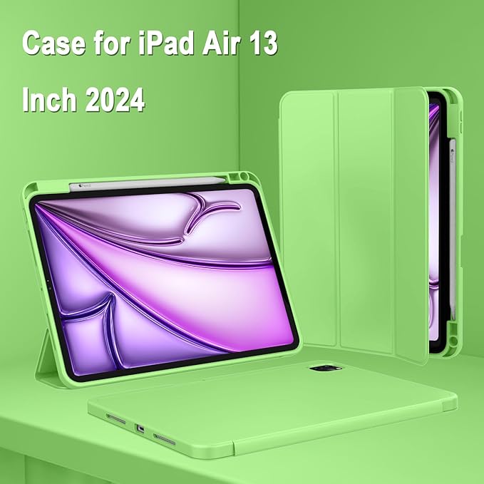 ZryXal New iPad Air 13 Inch Case M3 2025/M2 2024 with Pencil Holder, Trifold Stand Smart Case with Soft TPU Back,Auto Wake/Sleep(Grass Green)