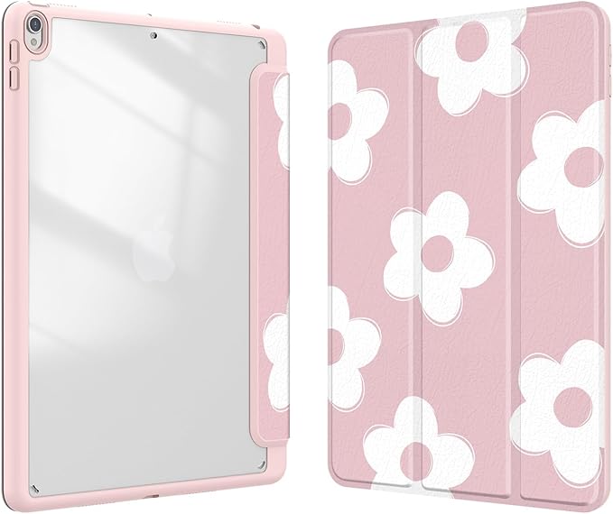 Case for iPad pro 10.5 inch 2017/ iPad Air 3rd Generation 2019, Case with Pencil Holder, Stand Clear Back Cover Cute Cool Design for Women Girls, Auto Sleep/Wake, Pink White Flower