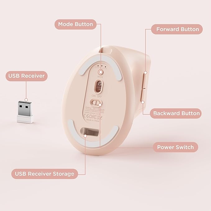 Uineer Ergonomic Wireless Mouse Pink,Bluetooth Vertical Mouse with BT5.0/4.0/2.4G, Rechargeable with Battery Indicator,Ergonomic Design for Comfort and Reduced Wrist Strain for Home,Office Use Pink