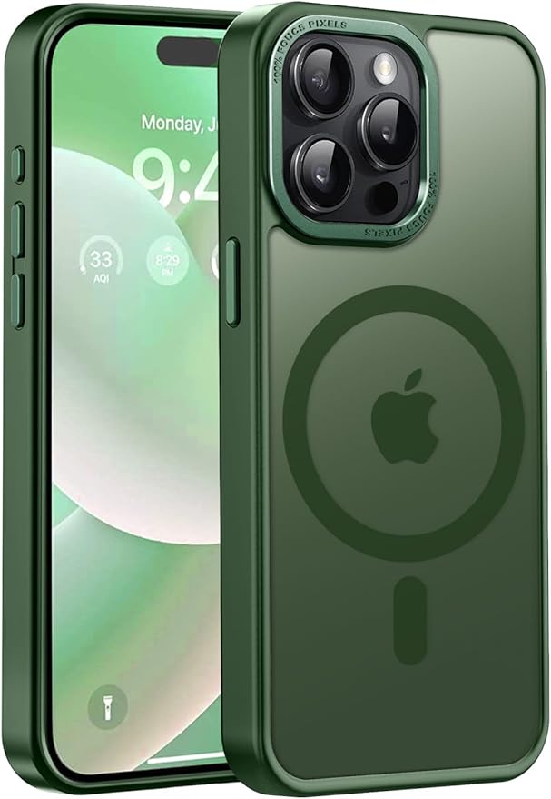 Newfuture Upgraded Magnetic for iPhone 15 Pro Max Case [Compatible with Magsafe] [Mil-Grade Protection], Pocket-Friendly, Slim Translucent Phone Case Cover for iPhone 15 Pro Max 6.7", Dark Green
