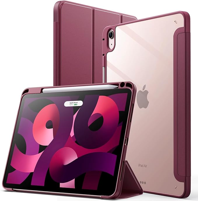 JETech Case ONLY for iPad Air 11-Inch M4/M3/M2 (2026/2025/2024), iPad Air 5/4 (2022/2020 5th/4th) with Pencil Holder, Clear Transparent Back Slim Stand Shockproof Tablet Cover (Wine)