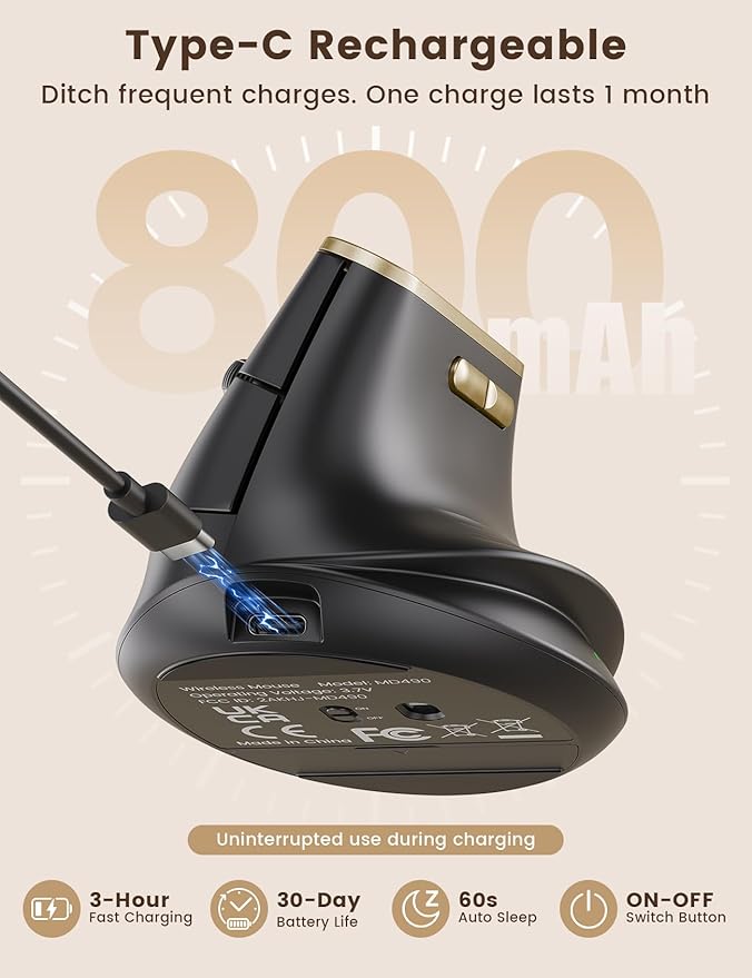 SABLUTE MAM4 Ergonomic Vertical Mouse for M/L Hands, 8K DPI, Ultra-Fast Scrolling, 6 Programmable Buttons, Tri-Mode Wireless Rechargeable Mouse, 800mAh Built-in Battery, for PC/Mac/Laptop, Black