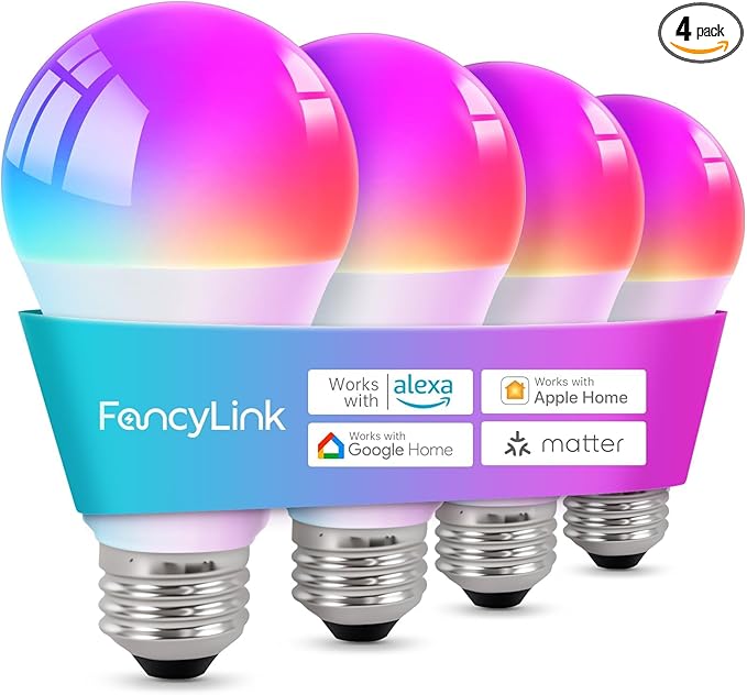 Matter Smart Light Bulbs, Color Changing Light Bulb, hub Required, A19 60W,2.4Ghz WiFi only,Compatible with Alexa Google Assistant, Apple Home,16 Million Colors RGBCW 800 Lumen,4 Pack