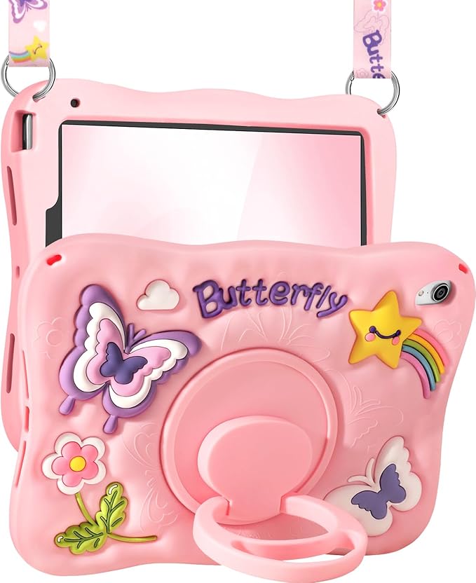 Kidcube for iPad mini 7 Case A17 Pro 2024, for iPad mini 6th Generation Case 8.3 Inch - Girls Cute Girly Kawaii 3D Butterfly Design Cover with Rotating Stand & Strap Unique Silicone Teens Women Cases