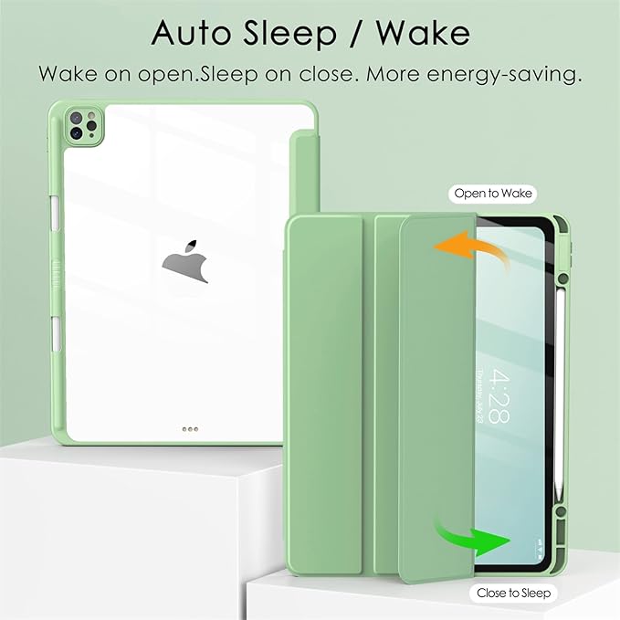 Soke Case for iPad Pro 12.9 Inch (6th/5th/4th/3rd Generation, 2022/2021/2020/2018) - Pencil Holder + Auto Sleep/Wake + Camera Protection, Transparent Shockproof Back Cover,Matcha Green