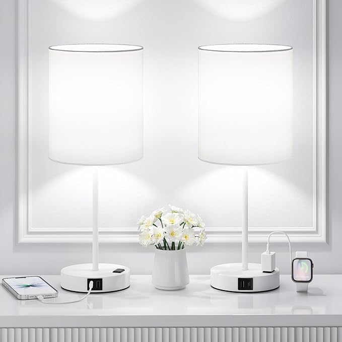 White Touch Lamps for Nightstand Set of 2 - Bedside Table Lamp for Bedroom with Dual USB Ports & AC Outlet, 3-Way Dimmable Lamps for Living Room Boys Room, Night Light with 5000K Daylight Bulbs