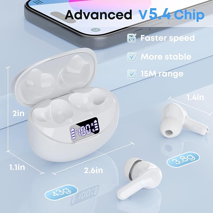 Wireless Earbuds, Bluetooth 5.4 HiFi Stereo Headphones with Noise Cancelling Mic, 50H Playback in Ear Buds with LED Digital Display, IPX7 Waterproof Earphones for Office/Running/Workout White