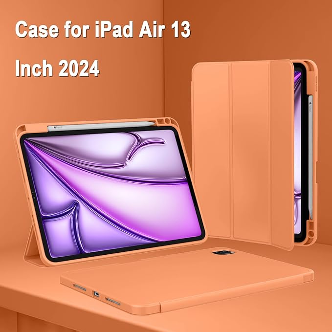 ZryXal New iPad Air 13 Inch Case M3 2025/M2 2024 with Pencil Holder, Trifold Stand Smart Case with Soft TPU Back,Auto Wake/Sleep(Orange)