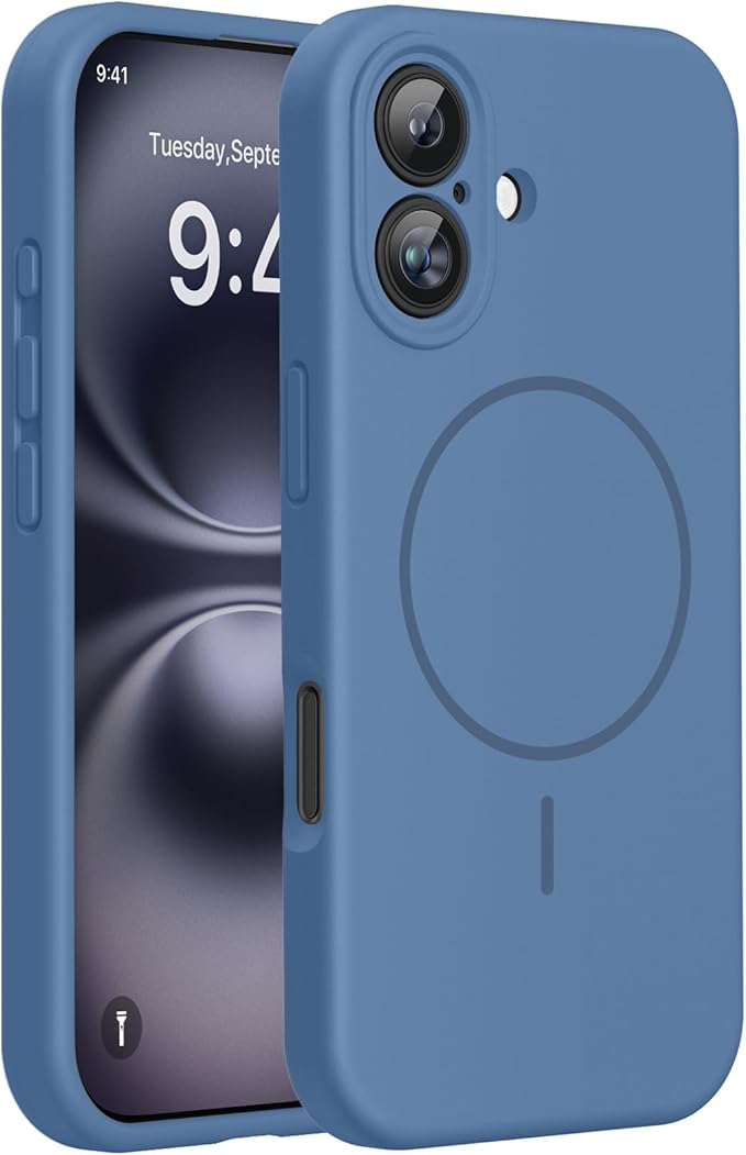 Miracase Magnetic for iPhone 16 Plus Case, [Soft Anti-Scratch Microfiber Lining], Compatible with MagSafe, Liquid Silicone Shockproof Drop Protection Phone Case for 16 Plus,Glass Blue