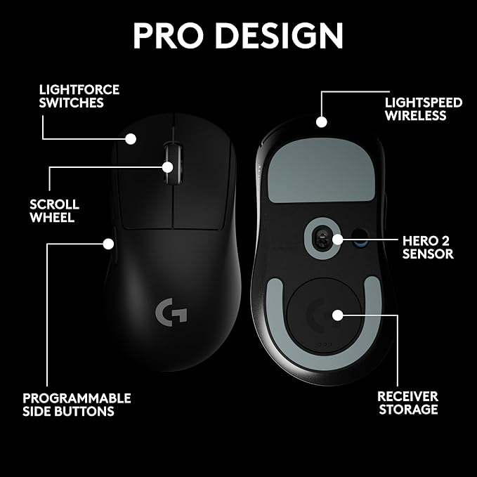Logitech PRO X Superlight 2 DEX Wireless Gaming Mouse, Black | Lightweight, Hero 2 Sensor, 44k DPI, 5 Programmable Buttons, Lightspeed Wireless, Right Hand, PC/Mac | Signature Series Charging Dock