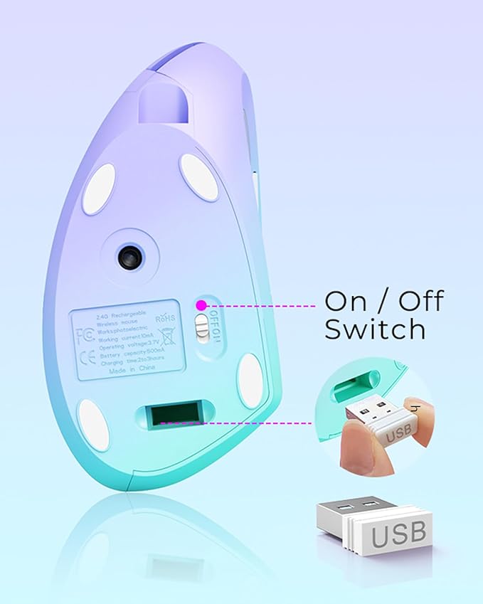 Lekvey Ergonomic Mouse, Vertical Wireless Mouse, Rechargeable 2.4G Optical Carpal Tunnel Mice: 800/1200 / 1600 DPI, 6 Buttons, for Laptop, PC, Mac, Computer, Desktop, Notebook etc, Green Purple