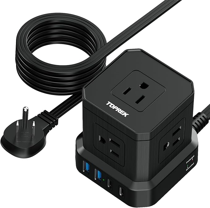 TOPREK Power Strip Surge Protector (700J), 10 FT Flat Extension Cord with 5 Outlets, 2 USB-C & 2 USB-A, Power Strip with USB for Home, Office, Dorm, Hotel, Travel, Compact Desk Charging Station