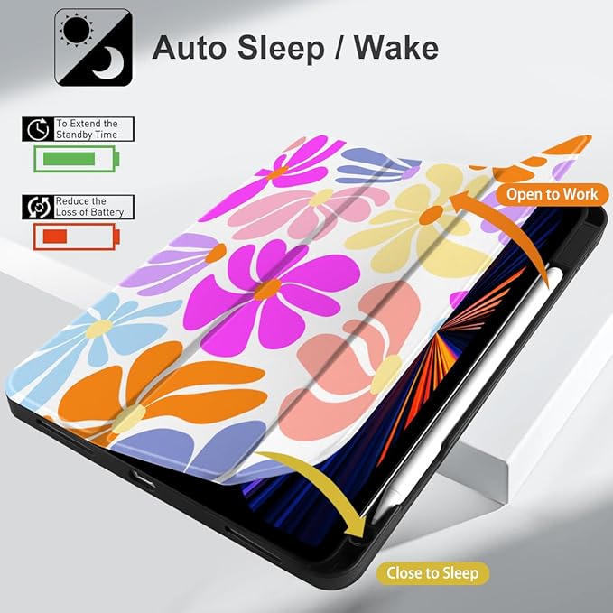 DONGKE Case for 2022/2021/2020/2018 iPad Pro 11 inch Gen 4/3/2/1 - Slim Protective Case - Built in Pencil Holder Support Charging - Trifold Stand & Sleep/Wake Cover - Retro Flowers