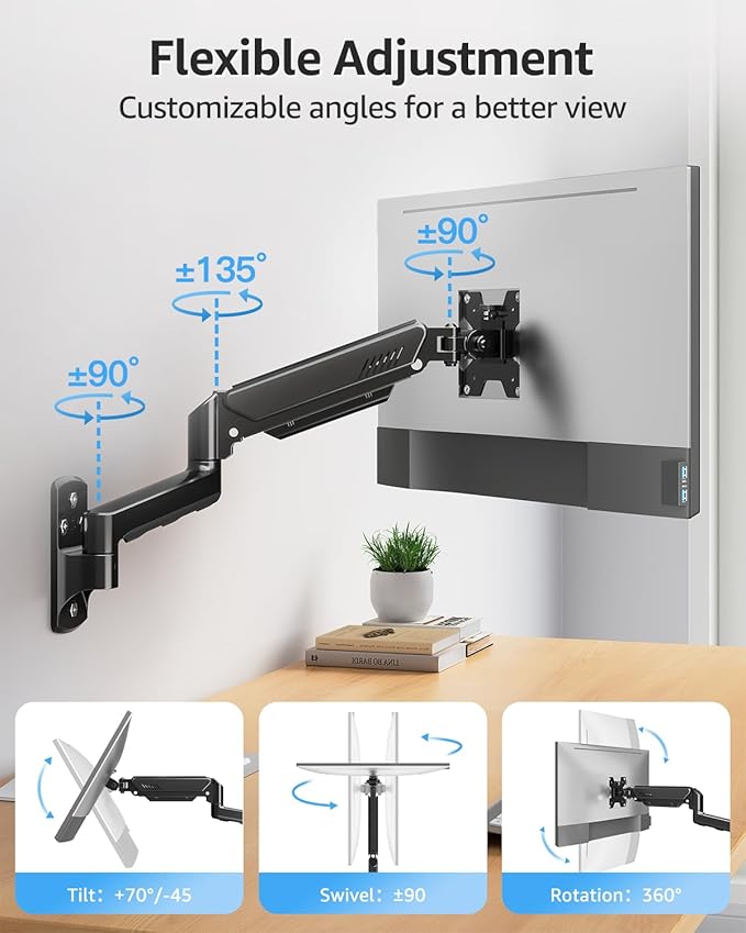 MOUNTUP Single Monitor Wall Mount for Max 32 Inch Computer Screen, Fully Adjustable Monitor Arm, Wall Mount Monitors Holder Support 4.4-19.8lbs Display, VESA Bracket Fit 75x75mm, 100x100mm