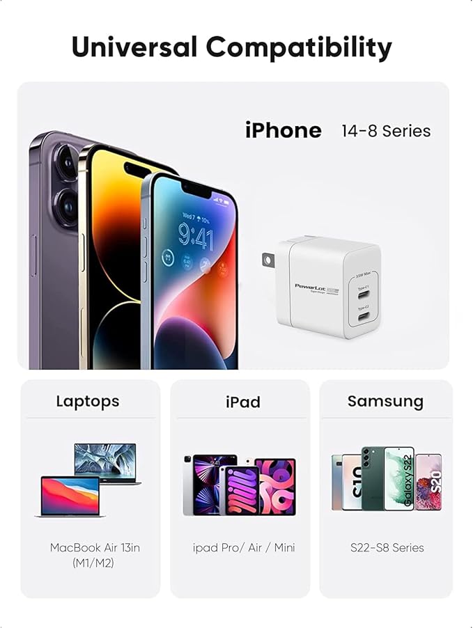 PowerLot USB C Charger, GaN III 35W Dual USB C Wall Charger, PPS Super Fast Charging Block with Foldable Plug for iPhone 15 14 13 12 11, Samsung S23 S22 S21, Pixel 7 6 Pro, MacBook Air, iPad, iWatch