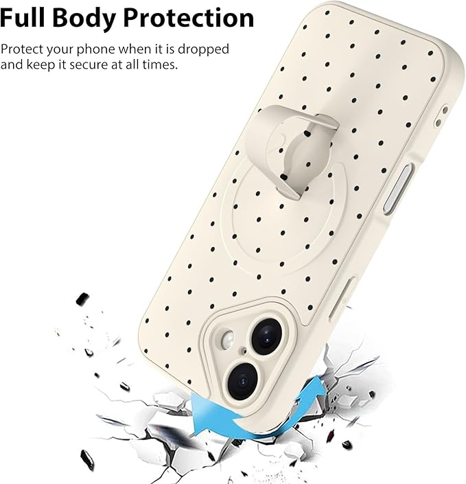 KANGHAR Compatible with iPhone 16 Case, Support for MagSafe, Silicone Spot Cute Pattern, Wristband Kickstand Camera Protection Soft Slim Cover for Girls Women -White