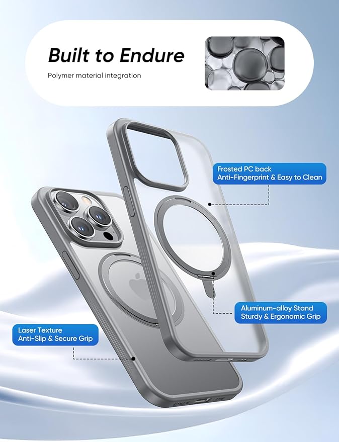 MAGIC JOHN 360° Rotatable Magnetic Invisible Stand for iPhone 15 Pro Case [Camera Control Button] [Compatible with MagSafe] 16FT Shockproof for iPhone 15 Pro Case with Kickstand, Gray