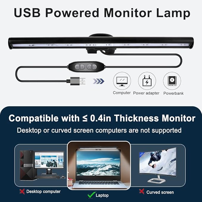 skybess Monitor Lamp Bar for Laptop, USB e-Reading LED Monitor Light Screenbar Task Light for Office/Home, Adjustable Brightness/Color Temperature, No Screen Glare for Eye Protection, Save Space