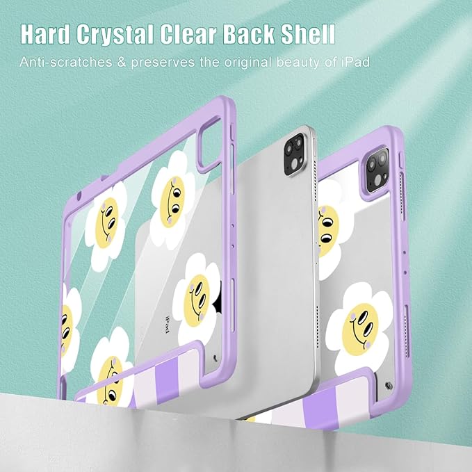 Tuiklol for iPad Pro 12.9 Inch 6th/5th/4th/3rd Generation 2022 2021 2020 2018 Case,Built-in Pencil Holder Clear Transparent Protective Back Shell Cover with Auto Sleep/Wake, Checkered Smile Flowers
