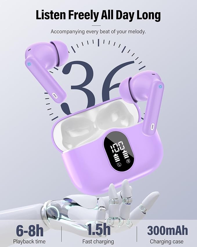 Wireless Earbuds, Bluetooth 5.4 Headphones Bass Stereo, Ear Buds with Noise Cancelling Mic, IP7 Waterproof in Ear Earphones, 36H LED Display Bluetooth Earbuds for Laptop Pad Phones, Pale Violet