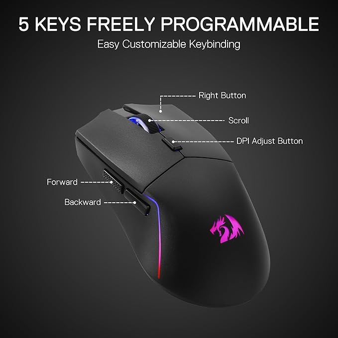 Redragon M730 PRO Wireless RGB Gaming Mouse, 3-Mode Lightweight Optical Mouse with 5 Programmable Buttons, 10000 DPI, Software Supports DIY Keybinds for PC Computer Windows Mac Laptop, Black
