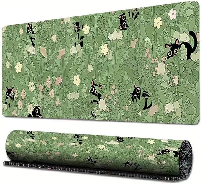 Gaming Mouse Pad XXL Extended Anime Mouse Pad 31.5x11.8 inch, Large Cute Kawaii Big Computer Mouse Mat Desk Pad with Non-Slip Rubber Base and Stitched Edge for Home Office-Cat in Grass