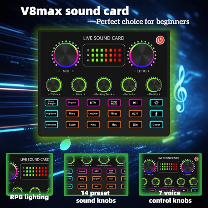 Podcast Equipment Bundle for 2, V8mx Audio Interface with Voice Changer Condenser Microphones for Gamer, All-in-One Audio Mixer Perfect for Live Streaming, Singing, YouTube, Gaming (V8MAX KIT FOR 2)