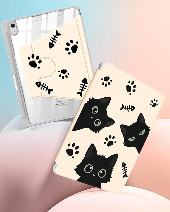 Uppuppy for iPad A16 Case for iPad 10th Generation Case 10.9 inch - 360 Degree Rotating Stand Folio Smart Cover with Pencil Holder for Women Girls, Black Cats for Apple Tablet 10th 2022/11th 2025