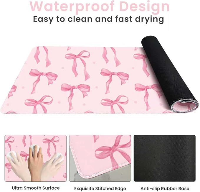 Pink Mouse Pad, Pink Desk Mat Bows Laptop Pad Computer Mat, Gaming Keyboard and Mouse Pad Non-Slip Rubber Base, Stitched Edge, Cute Desk Accessories Girly Decor Office Supplies for Women 23.6" x 11.8"