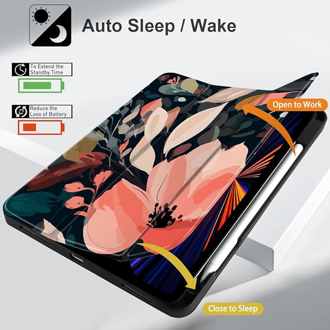 DONGKE Case for 2022/2021/2020/2018 iPad Pro 11 inch Gen 4/3/2/1 - Slim Protective Case - Built in Pencil Holder Support Charging - Trifold Stand & Sleep/Wake Cover - Painted Florals
