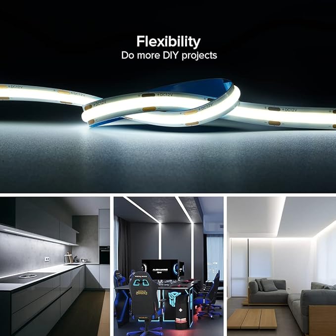 16.4FT DC24V COB LED Strip 6000K Cool White 480LEDs Flexible High Density Uniform Bright Light Strip 9W/m, CRI90+ Dimmable LED Light for DIY Kitchen Bedroom Home Decor, No Power and Controller