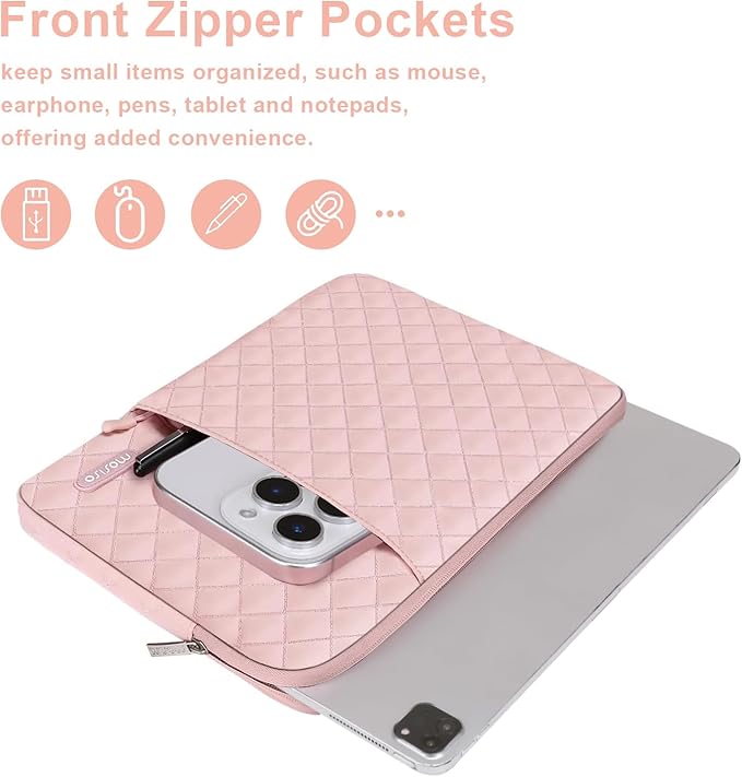 MOSISO 12.9 inch Tablet Sleeve Case for iPad Pro 13 M4 & iPad Air 13 M3 M2, iPad Pro 12.9 M2 M1 6/5th with Magic Keyboard&Smart Keyboard Folio, Square Quilted Vertical Bag with Small Case, Chalk Pink