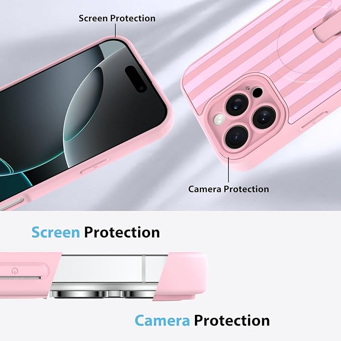 KANGHAR Compatible with iPhone 16 Pro Max Case, Support for MagSafe, Silicone Stripes Cute Pattern, Wristband Kickstand Camera Protection Soft Slim Cover for Girls Women -Pink