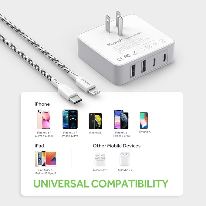 Nekmit USB C Charger, 52W 4-Port Thin Flat Fast Wall Charger with 6.6FT USB-C to Lightning Cable, Two 20W Power Delivery and 2 USB Port for iPhone 13/13 Pro/13 Pro Max, iPad Pro, AirPods Pro