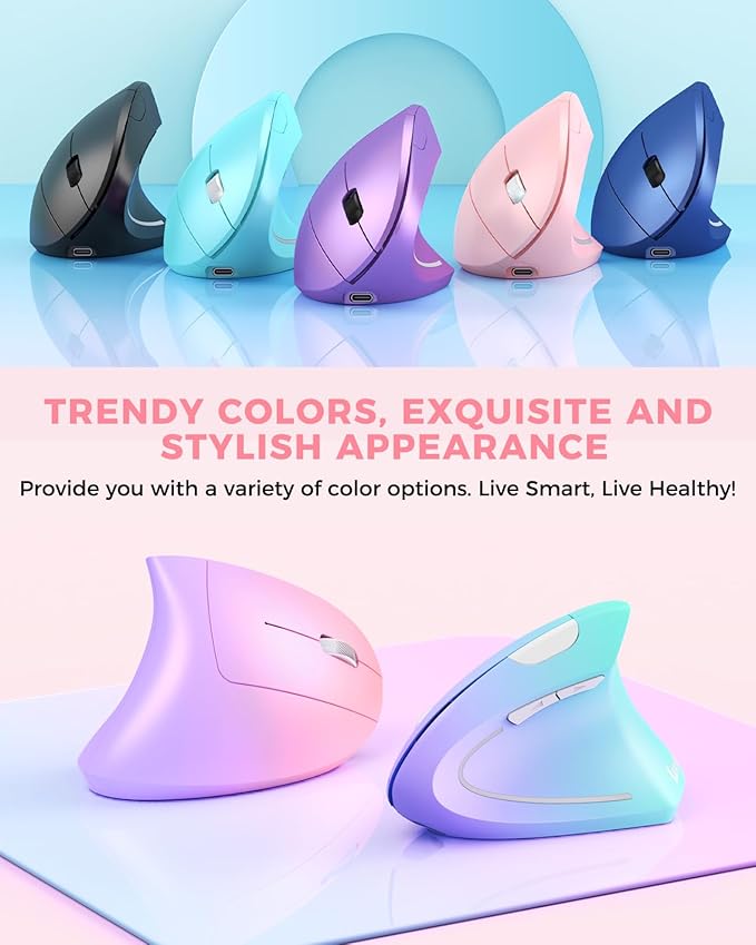 Lekvey Ergonomic Mouse, Vertical Wireless Mouse, Rechargeable 2.4 GHz USB Optical Carpal Tunnel Mice : 800/1200 / 1600 DPI, 6 Buttons, for Laptop, PC, Mac, Computer, Desktop, Notebook etc, Pink