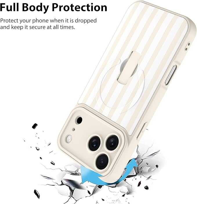 KANGHAR Compatible with iPhone 17 Pro Max Case, Support for MagSafe, Silicone Stripes Cute Pattern, Wristband Kickstand Camera Protection Soft Slim Cover for Girls Women -White