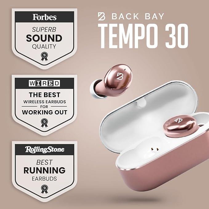 Back Bay Audio Tempo 30 Wireless Earbuds for Small Ears - Award-Winning Sound, Sweatproof Bluetooth Earbuds, Tech Fitness Gifts for Men, Comfortable Bluetooth Ear Buds for Women - Rose Gold