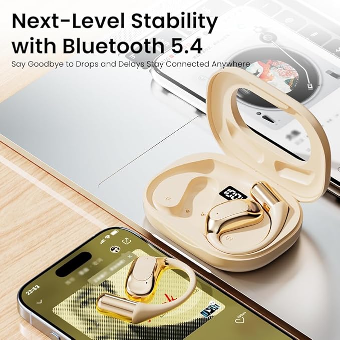 Open Ear Earbuds, Bluetooth Headphones 5.4 Sports with Smart Digital Display, 40H Playtime, Clear Calls,IPx4 Waterproof, Wireless Over Ear Buds Lightweight Design Fit Cycling, Running, Workout(beige)