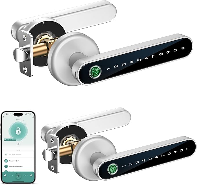 IRONZON Fingerprint Door Handle for Bedrooms - 2pcs 191Y 4-in-1 Fingerprint Door Lock with Keypad and App Control, Smart Knob for Bedroom with Key, Keyless Entry Door Handle - Silver