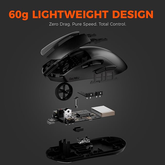 DAREU A950GM Wireless Gaming Mouse, 60g Lightweight, 26K DPI PAW3395 Optical Sensor, 2.4G/BT/Wired,Support 30-40min Fast Charge, 5 Programmable Buttons for PC/Laptop/Mac