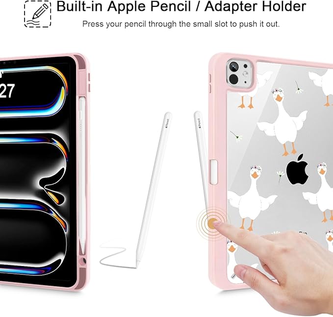 May Chen Case for iPad Pro 11-Inch M5/M4 2025/2024 (6th/5th Generation), [Penceil Holder] Trifold Stand Auto Wake/Sleep Clear TPU Protection Back Cover, Goose Flower