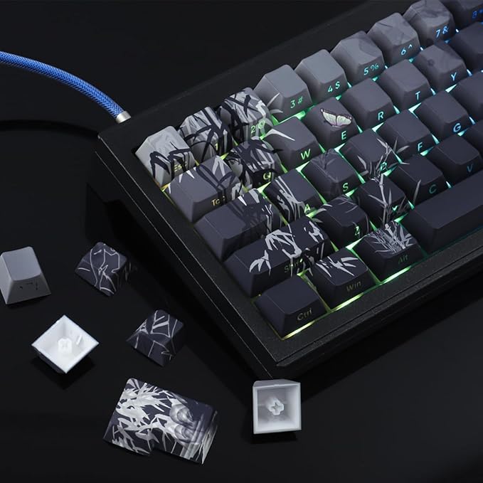 Tsungup PBT Keycaps - Side Print Keycap Set,135 Keys Bamboo Sea Custom Key caps Gradient Grey Shine Through Cherry Profile Keyboard Keycaps for Cherry MX Switches Mechanical Keyboards
