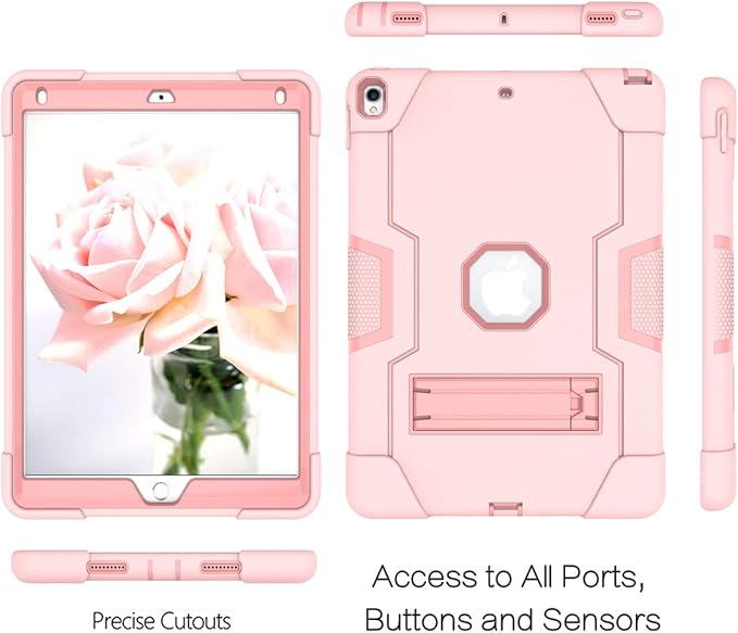 Dteck for iPad Air 3rd Gen (2019) / iPad Pro (2017) Case 10.5", Shockproof Protective Case with Kickstand, Hard Plastic Shell, 3-Layer Protection Drop Proof Sturdy Rugged Tablet Cover (Pink+Rosegold)