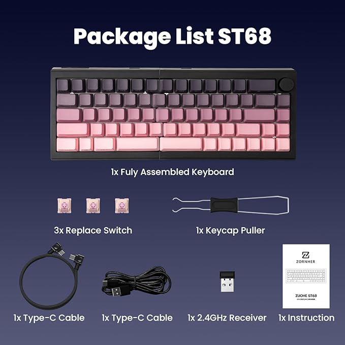 ZORNHER ST68 Wireless Ergonomic Split Mechanical Keyboard,65% Pink & Purple Creamy Thocky TKL Gaming Keyboard with Knob,Lighted Up PBT Keycaps,Cream Switches