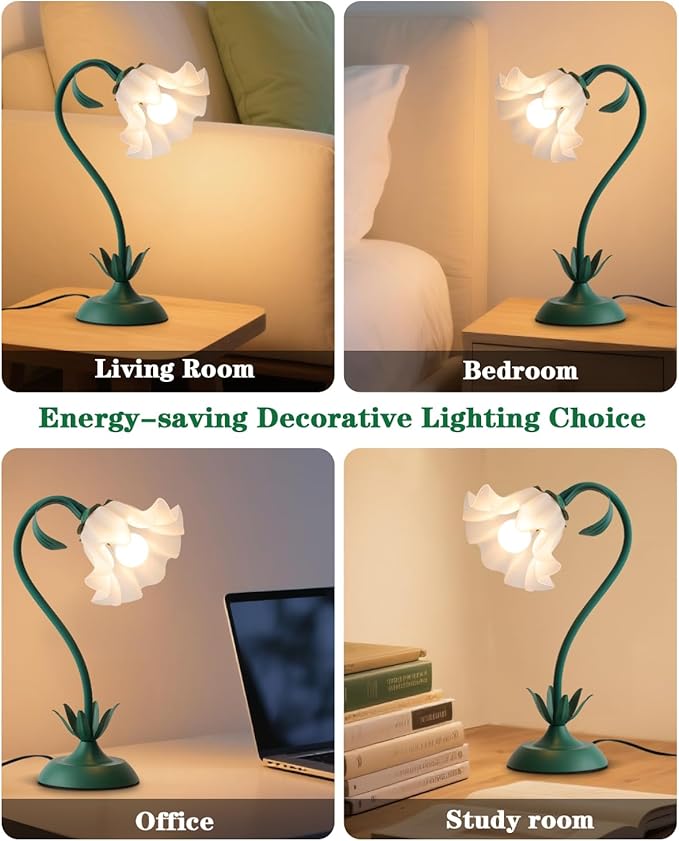 WERFOP Flower Table Lamp, Cute LED Reading Bedside Night Light, 3 Color Modes Vintage Desk Lamp, Kawaii Aesthetic Decor for Dorm Bedroom Living Room (Dark Green)