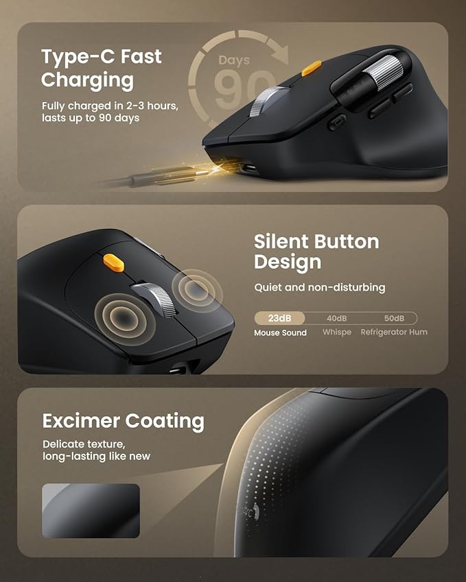 ProtoArc Ergonomic Wireless Mouse, EM25 Ultra-Fast Scrolling & Side Scroll, Customizable Bluetooth Rechargeable Mouse, 8000 DPI for Medium to Large Hands, Compatible with Windows/Mac/Android, Black