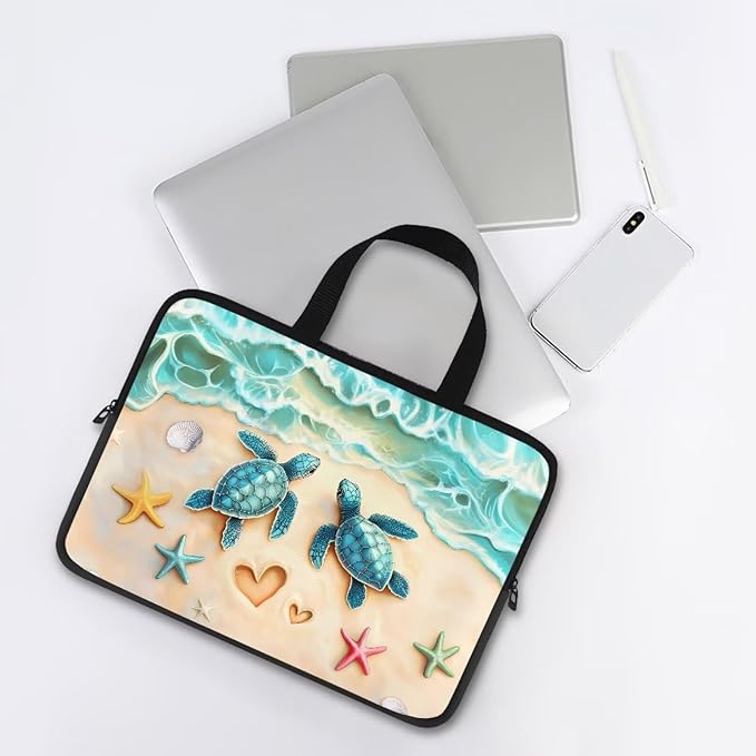 Sea Turtle Laptop Bag 10 Inch Computer Sleeve for Women Men Beach Starfish Padded Notebook Carrying Case with Handle Laptop Cover, Blue
